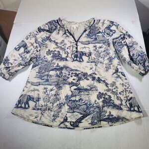 Weekend By Suzanne Betro Cotton Blue/White Long Sleeve Printed Tunic Top Size L